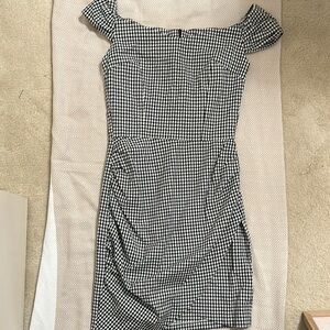 Aqua Black and White Ruched Off-Shoulder Mini Dress